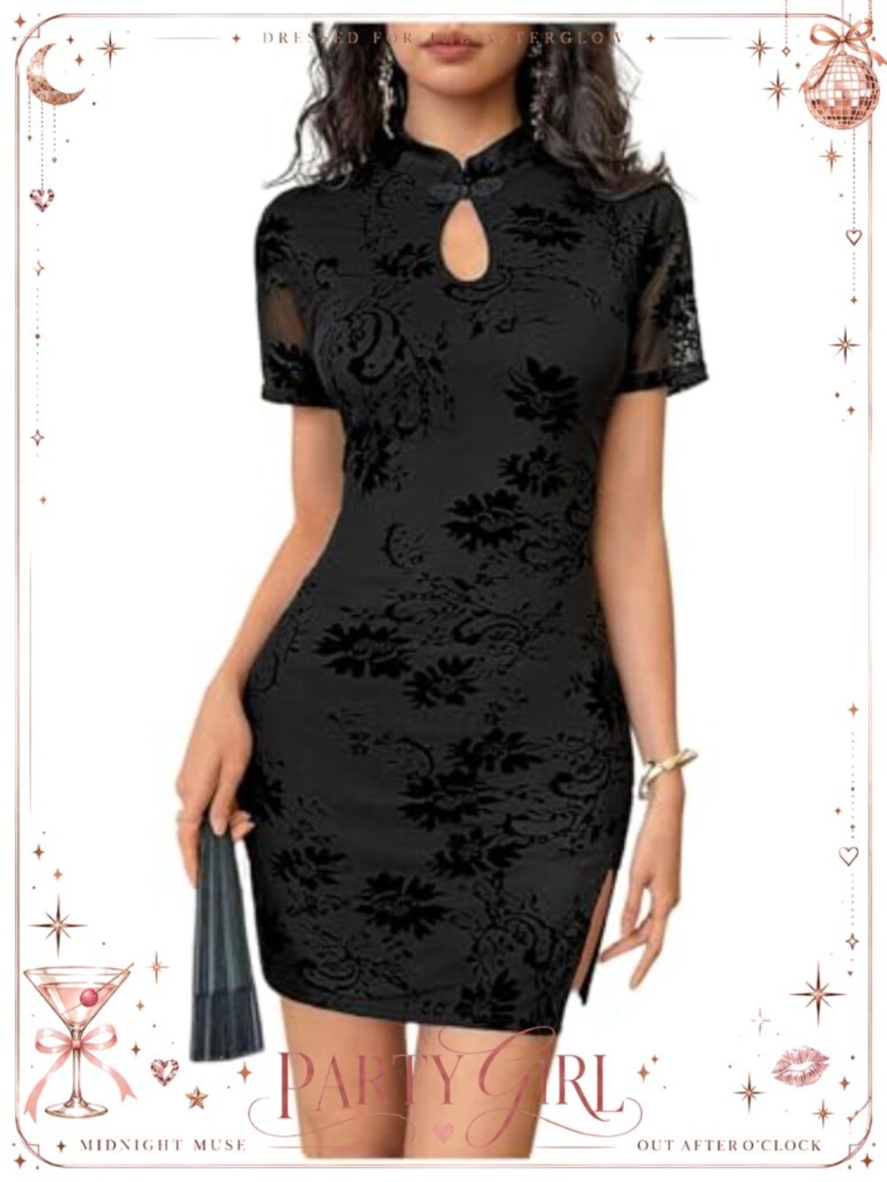 Bodycon Mini Dress Floral Mesh Short Sleeve Mandarin Collar Side Slit